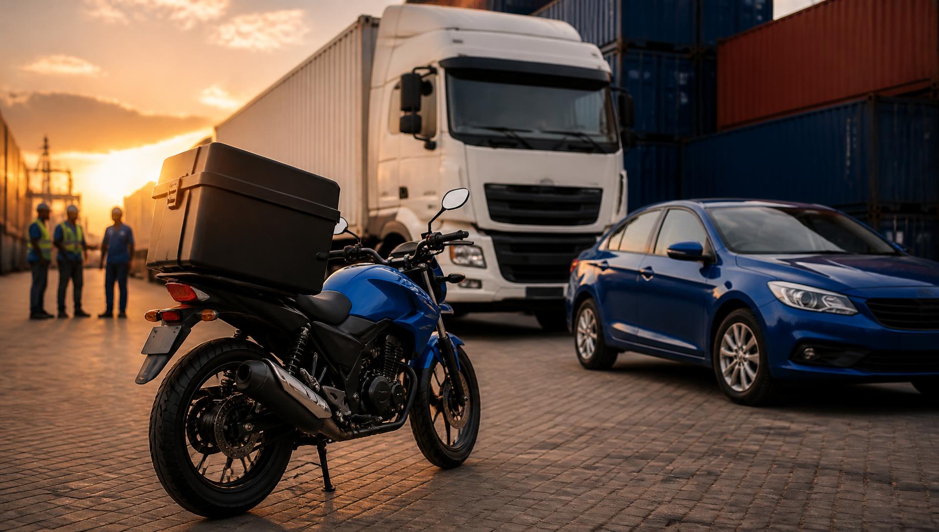 Macboj Logistics delivery bike, cargo truck and car at a Nigerian logistics yard